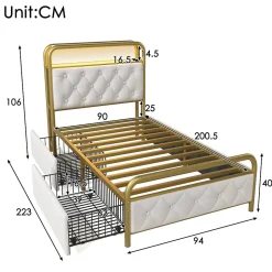 Lit avec Rangement 90x200 cm - Lit Simple Capitonné avec 2 Tiroirs, Ports USB et LED, Matelas Inclus, Velours, Blanc