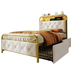 Lit avec Rangement 90x200 cm - Lit Simple Capitonné avec 2 Tiroirs, Ports USB et LED, Matelas Inclus, Velours, Blanc