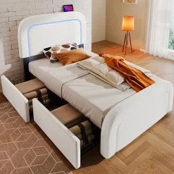 Lit avec rangement 90x200 cm - Lit simple rembourré avec 2 tiroirs et USB Type-C - Sherpa - Sans Matelas - Blanc