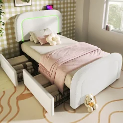 Lit avec rangement 90x200 cm - Lit simple rembourré avec 2 tiroirs et USB Type-C - Sherpa - Sans Matelas - Blanc