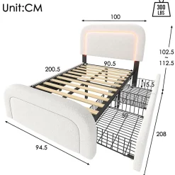 Lit avec rangement 90x200 cm - Lit simple rembourré avec 2 tiroirs et USB Type-C - Sherpa - Sans Matelas - Blanc
