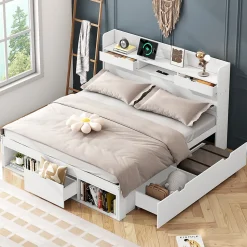 Lit avec Rangement 160x200 cm - Lit Double avec USB et Tiroirs, Armoire Intégrée - Sans Matelas - Bois Blanc