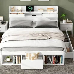 Lit avec Rangement 160x200 cm - Lit Double avec USB et Tiroirs, Armoire Intégrée - Sans Matelas - Bois Blanc