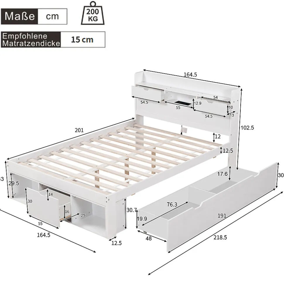 Lit avec Rangement 160x200 cm - Lit Double avec USB et Tiroirs, Armoire Intégrée - Sans Matelas - Bois Blanc