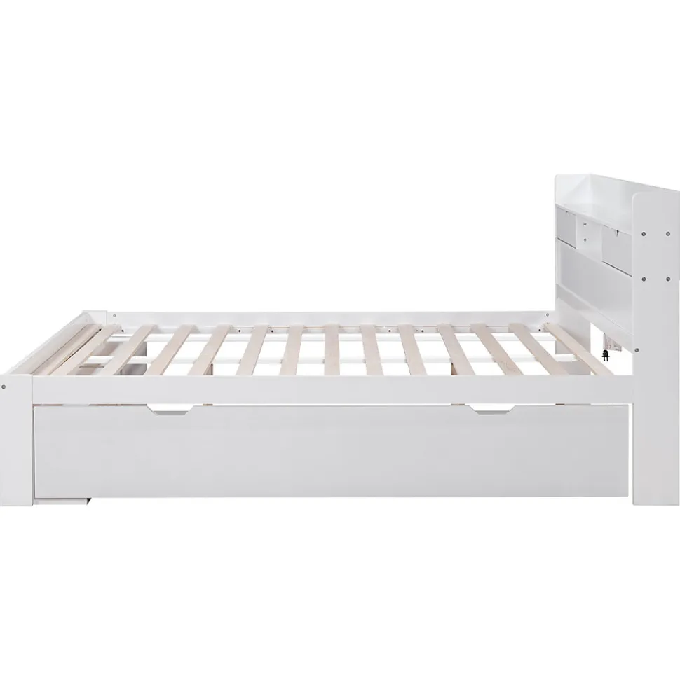 Lit avec Rangement 160x200 cm - Lit Double avec USB et Tiroirs, Armoire Intégrée - Sans Matelas - Bois Blanc