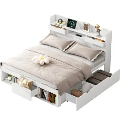 Lit avec Rangement 160x200 cm - Lit Double avec USB et Tiroirs, Armoire Intégrée - Sans Matelas - Bois Blanc