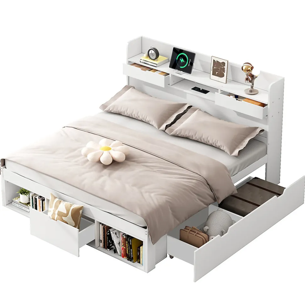 Lit avec Rangement 160x200 cm - Lit Double avec USB et Tiroirs, Armoire Intégrée - Sans Matelas - Bois Blanc
