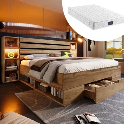 Lit avec rangement 160x200 cm - Lit double avec éclairage LED et USB - Bois massif + MDF - Sans Matelas - Chêne