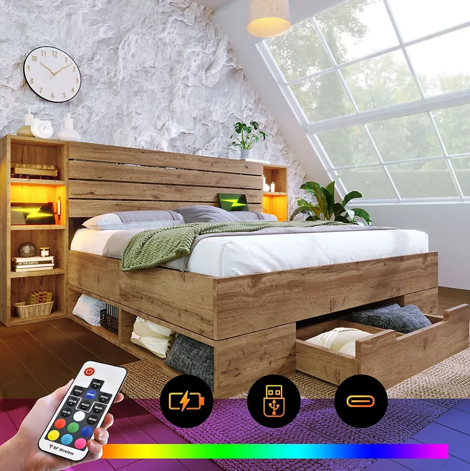Lit avec rangement 160x200 cm - Lit double avec éclairage LED et USB - Bois massif + MDF - Sans Matelas - Chêne