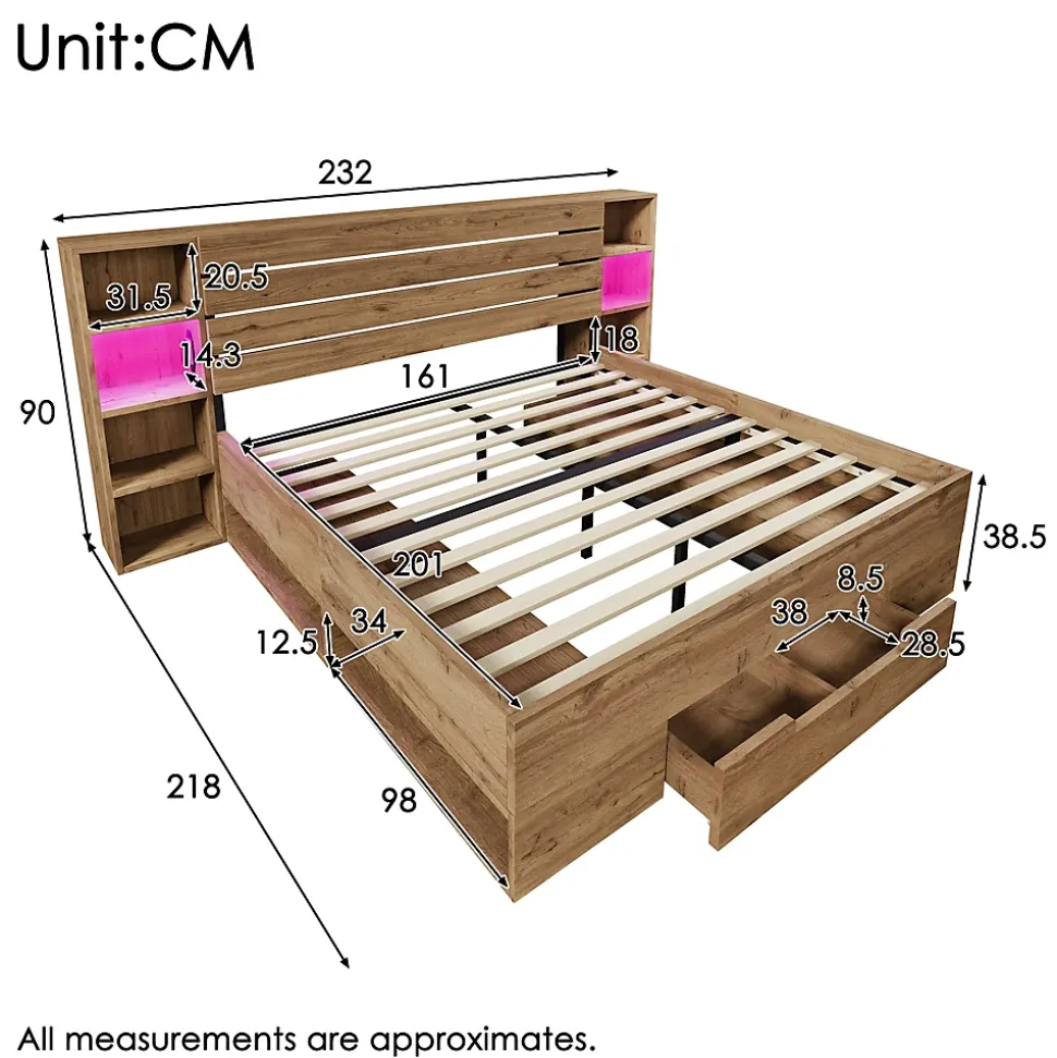 Lit avec rangement 160x200 cm - Lit double avec éclairage LED et USB - Bois massif + MDF - Sans Matelas - Chêne