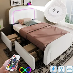 Lit avec rangement 90x200 cm - Lit simple capitonné avec tiroirs, USB Type-C et LED - Sherpa - Matelas Inclus - Blanc