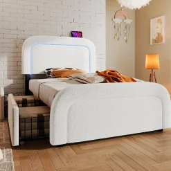 Lit avec rangement 90x200 cm - Lit simple capitonné avec tiroirs, USB Type-C et LED - Sherpa - Matelas Inclus - Blanc