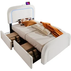 Lit avec rangement 90x200 cm - Lit simple capitonné avec tiroirs, USB Type-C et LED - Sherpa - Matelas Inclus - Blanc