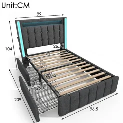 Lit avec rangement 90x200 cm capitonné avec ports USB-C et LED, 2 tiroirs intégrés, tissu lin gris, sans matelas