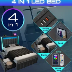 Lit avec rangement 90x200 cm capitonné avec ports USB-C et LED, 2 tiroirs intégrés, tissu lin gris, sans matelas