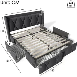 Lit avec rangement 160x200 cm double capitonné avec 4 tiroirs et ports USB, structure lin et bois robuste, gris, sans matelas