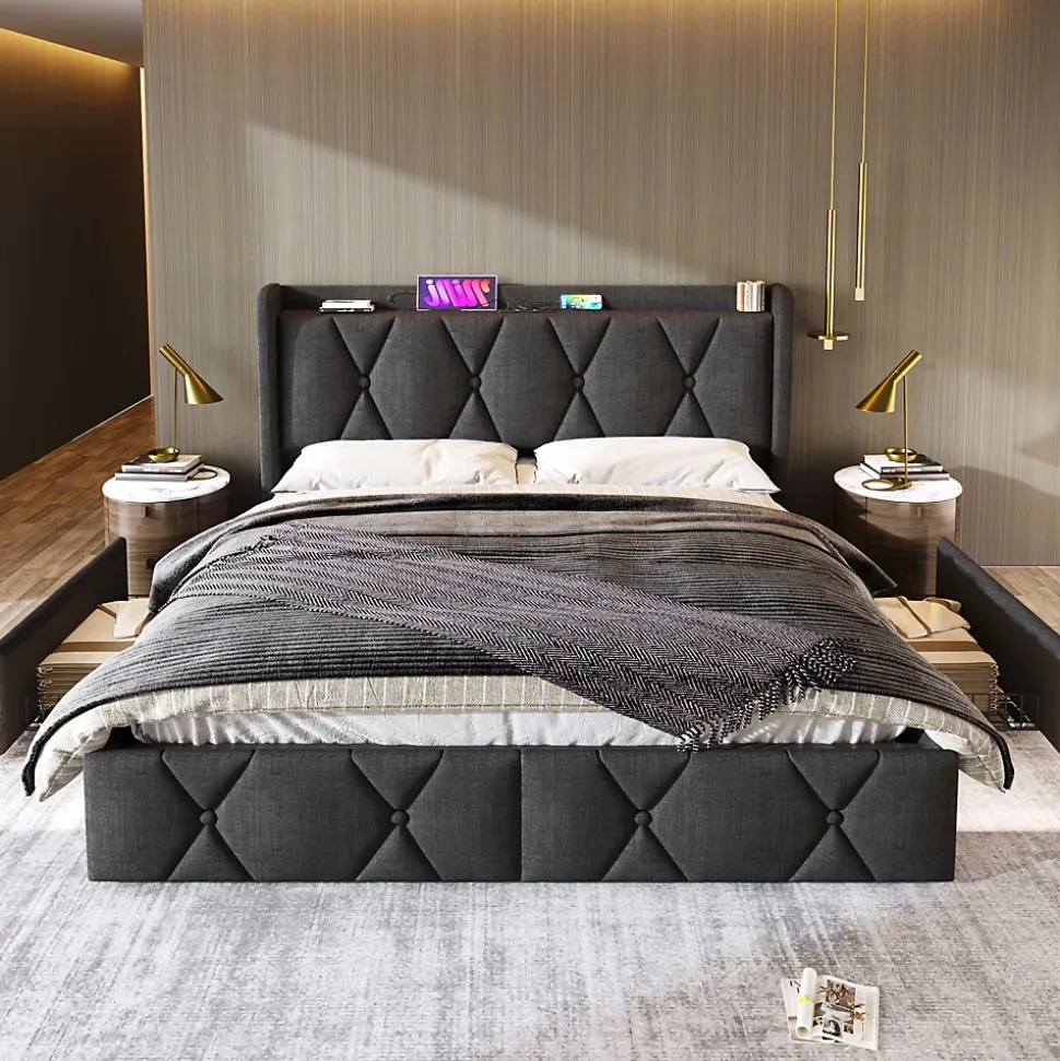 Lit avec rangement 160x200 cm double capitonné avec 4 tiroirs et ports USB, structure lin et bois robuste, gris, sans matelas