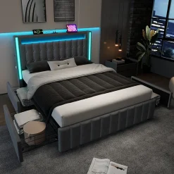 Lit avec rangement 160x200 cm double capitonné avec ports USB-C et LED, 4 tiroirs intégrés, tissu lin gris, sans matelas