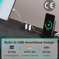 Lit avec rangement 160x200 cm double capitonné avec ports USB-C et LED, 4 tiroirs intégrés, tissu lin gris, sans matelas