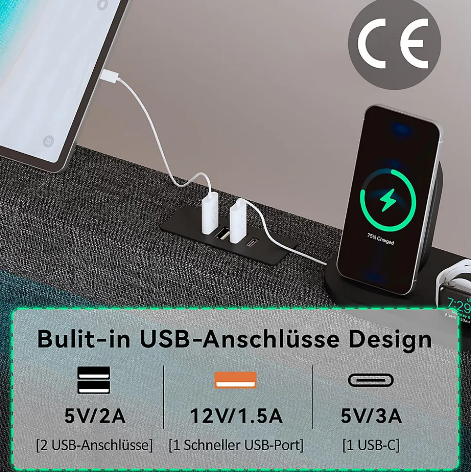 Lit avec rangement 160x200 cm double capitonné avec ports USB-C et LED, 4 tiroirs intégrés, tissu lin gris, sans matelas