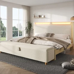 Lit avec rangement 140x200 cm double, tête de lit LED et banc de rangement, velours côtelé, chêne clair et beige, sans matelas