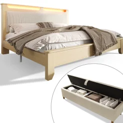Lit avec rangement 140x200 cm double, tête de lit LED et banc de rangement, velours côtelé, chêne clair et beige, sans matelas