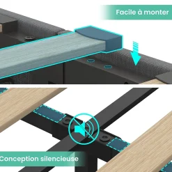 Lit avec rangement 140x200 cm double capitonné avec ports USB-C et LED, 4 tiroirs intégrés, tissu lin gris, sans matelas