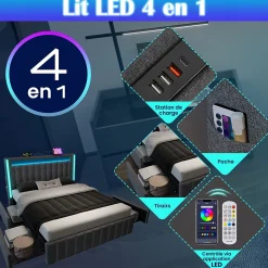 Lit avec rangement 140x200 cm double capitonné avec ports USB-C et LED, 4 tiroirs intégrés, tissu lin gris, sans matelas