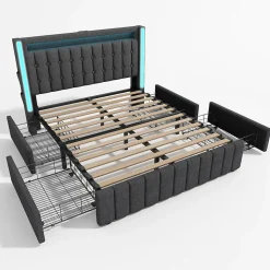 Lit avec rangement 140x200 cm double capitonné avec ports USB-C et LED, 4 tiroirs intégrés, tissu lin gris, sans matelas