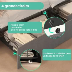 Lit avec rangement 140x200 cm double capitonné avec ports USB-C et LED, 4 tiroirs intégrés, tissu lin gris, sans matelas