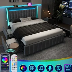 Lit avec rangement 140x200 cm double capitonné avec ports USB-C et LED, 4 tiroirs intégrés, tissu lin gris, sans matelas