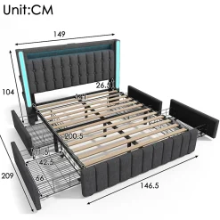 Lit avec rangement 140x200 cm double capitonné avec ports USB-C et LED, 4 tiroirs intégrés, tissu lin gris, sans matelas