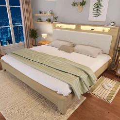 Lit avec rangement 180x200 cm double, éclairage LED intégré, bois chêne clair, design fonctionnel et moderne, sans matelas