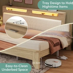 Lit avec rangement 180x200 cm double, éclairage LED intégré, bois chêne clair, design fonctionnel et moderne, sans matelas