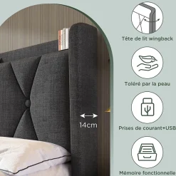 Lit avec rangement 140x200 cm double capitonné avec ports USB et 4 tiroirs, structure lin et bois, gris, sans matelas