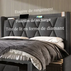 Lit avec rangement 140x200 cm double capitonné avec ports USB et 4 tiroirs, structure lin et bois, gris, sans matelas