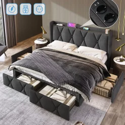 Lit avec rangement 140x200 cm double capitonné avec ports USB et 4 tiroirs, structure lin et bois, gris, sans matelas