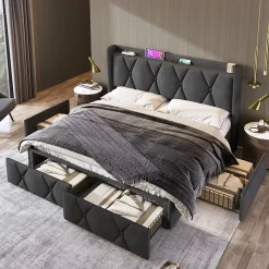 Lit avec rangement 140x200 cm double capitonné avec ports USB et 4 tiroirs, structure lin et bois, gris, sans matelas