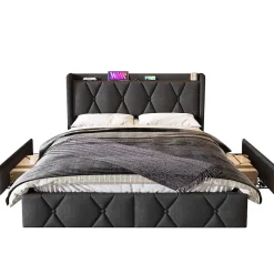 Lit avec rangement 140x200 cm double capitonné avec ports USB et 4 tiroirs, structure lin et bois, gris, sans matelas