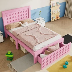 Lit avec rangement 90x200 cm, lit simple design créatif avec tiroirs intégrés, structure MDF et bois massif, rose sans matelas