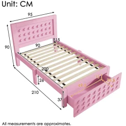 Lit avec rangement 90x200 cm, lit simple design créatif avec tiroirs intégrés, structure MDF et bois massif, rose sans matelas