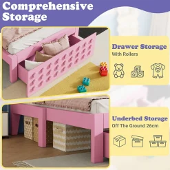 Lit avec rangement 90x200 cm, lit simple design créatif avec tiroirs intégrés, structure MDF et bois massif, rose sans matelas