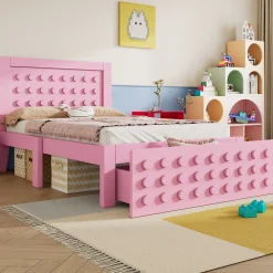 Lit avec rangement 90x200 cm, lit simple design créatif avec tiroirs intégrés, structure MDF et bois massif, rose sans matelas