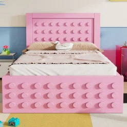 Lit avec rangement 90x190 cm, lit simple avec tiroirs pratiques et sommier inclus, MDF et bois massif, rose sans matelas