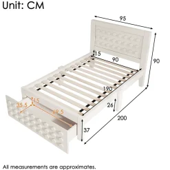 Lit avec rangement 90x190 cm, lit simple design créatif avec tiroirs et sommier inclus, MDF et bois massif, blanc sans matelas