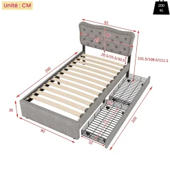 Lit avec rangement 90x200 cm simple capitonné avec 2 tiroirs et tête de lit ondulée cloutée - revêtement en lin gris