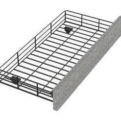 Lit avec rangement 90x200 cm simple capitonné avec 2 tiroirs et tête de lit ondulée cloutée - revêtement en lin gris