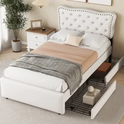 Lit avec rangement 90x200 cm simple capitonné avec 2 tiroirs et tête de lit ondulée cloutée - revêtement en lin beige clair