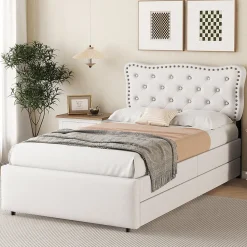 Lit avec rangement 90x200 cm simple capitonné avec 2 tiroirs et tête de lit ondulée cloutée - revêtement en lin beige clair