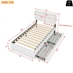 Lit avec rangement 90x200 cm simple capitonné avec 2 tiroirs et tête de lit ondulée cloutée - revêtement en lin beige clair